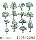 set of green trees illustration vector sketch with black lines 140642298