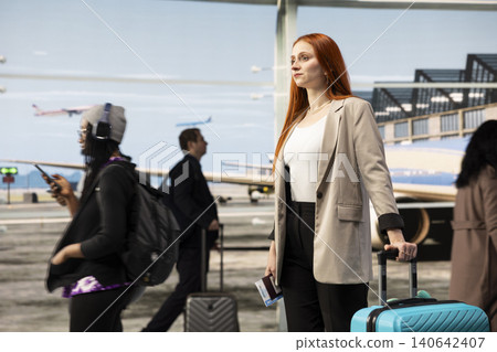 Businesswoman carrying trolley in modern airport terminal, holding boarding pass, passengers flow concept. Woman waiting in busy airport lounge during business trip, holding travel documents Businesswoman carrying trolley in modern airport terminal, holding boarding pass, passengers flow concept. Woman waiting in busy airport lounge during business trip, holding travel documents 140642407