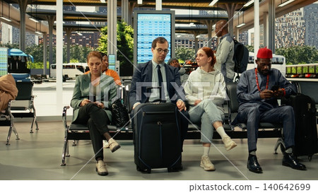 Young couple waiting in crowded bus terminal before long-haul interstate journey. Man and woman with luggage and carry-on bags check departure board screen, affordable overnight coach travel. Young couple waiting in crowded bus terminal before long-haul interstate journey. Man and woman with luggage and carry-on bags check departure board screen, affordable overnight coach travel. 140642699