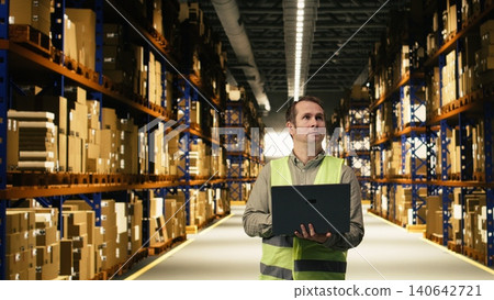 Warehouse staff member in facility checking pallets and packages, monitoring distribution on laptop. Inventory tracking and workflow planning improve efficiency for supply chain management. Warehouse staff member in facility checking pallets and packages, monitoring distribution on laptop. Inventory tracking and workflow planning improve efficiency for supply chain management. 140642721