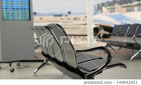 Airport terminal, empty departure lounge, seating with no people, showing runway with airplanes. Absence of travelers highlights rows of seats and airport equipment in transport hub. Airport terminal, empty departure lounge, seating with no people, showing runway with airplanes. Absence of travelers highlights rows of seats and airport equipment in transport hub. 140642851