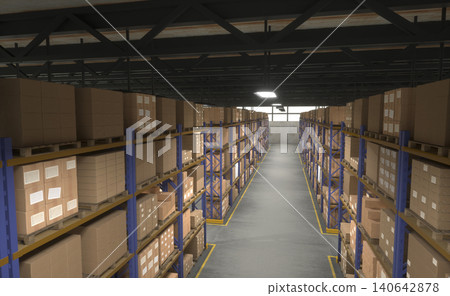 Empty warehouse filled with boxed goods having labels printed on, ready to be shipped to customers worldwide, 3D render, aerial shot of stockroom shelves full of stacked merchandise parcels. Empty warehouse filled with boxed goods having labels printed on, ready to be shipped to customers worldwide, 3D render, aerial shot of stockroom shelves full of stacked merchandise parcels. 140642878