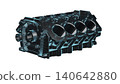 Close up detailed fully textured 3D render over white background of car internal combustion engine cylinder block with pistons, coolant passages and other mechanical components. 140642880