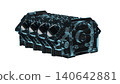 Close up detailed fully textured 3D render over white background of car engine cylinder block with pistons, cranks, valves and other mechanical components offering high performance. 140642881
