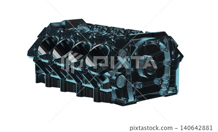 Close up detailed fully textured 3D render over white background of car engine cylinder block with pistons, cranks, valves and other mechanical components offering high performance. Close up detailed fully textured 3D render over white background of car engine cylinder block with pistons, cranks, valves and other mechanical components offering high performance. 140642881