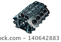 Close up fully textured realistic 3D render of top of the line vehicle motor block assembled with titanium alloy cylinders casings, pistons, and other premium industrial hardware, white background. 140642883