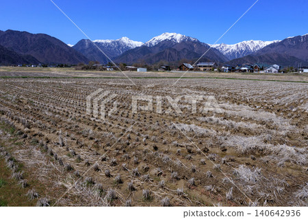 The majestic Hakuba mountain range as seen from Omachi City, Nagano Prefecture. 140642936