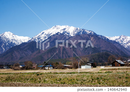 The majestic Hakuba mountain range as seen from Omachi City, Nagano Prefecture. The majestic Hakuba mountain range as seen from Omachi City, Nagano Prefecture. 140642940