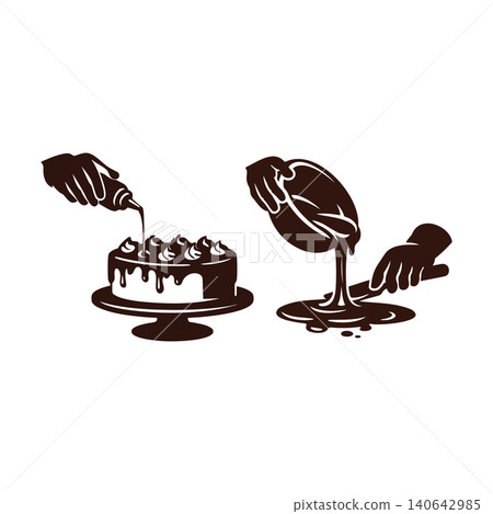 Chef hands pouring chocolate glaze cake Chef hands pouring chocolate glaze cake 140642985