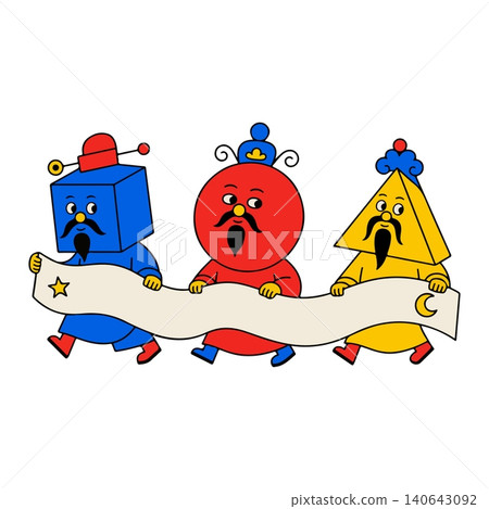 Three Geometric Characters Holding a Banner Three Geometric Characters Holding a Banner 140643092