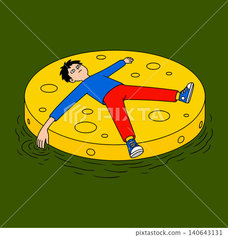 Man floating on a giant cheese wheel Man floating on a giant cheese wheel 140643131