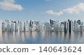 3D Illustration of Modern City Skyline Surrounded by Water with Skyscrapers and Blue Sky 140643624