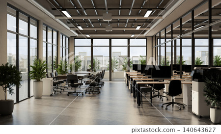 3D Illustration of Modern Open Plan Office Interior with Floor-to-Ceiling Windows, Workstations and Indoor Plants 3D Illustration of Modern Open Plan Office Interior with Floor-to-Ceiling Windows, Workstations and Indoor Plants 140643627