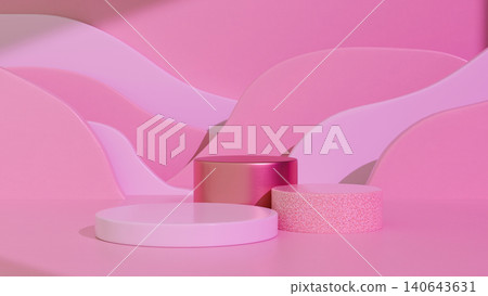 3D Pink Product Display Podium with Metallic and Textured Cylinders on Wavy Abstract Background 3D Pink Product Display Podium with Metallic and Textured Cylinders on Wavy Abstract Background 140643631