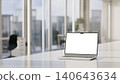 3D Illustration of Laptop with Blank White Screen Mockup on White Desk in Modern Office Interior 140643634