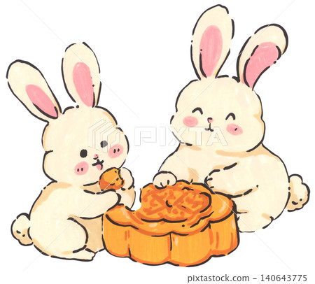 Mid Autumn rabbit illustration set, cute bunny character with mooncake and lantern, Chinese moon festival celebration, traditional oriental culture symbol, whimsical hand drawn greeting card design. 140643775