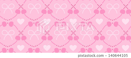 Seamless pink check pattern with cherries, bows and hearts in trendy retro girly style. Ideal for textile and wallpaper prints. Stock vector illustration in cartoon style. 140644105