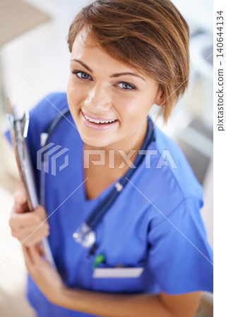 Woman, nurse and smile portrait with clipboard in medical office, nutritionist and stethoscope, professional nursing career. Results, healthcare and medic for wellness in uniform for surgery Woman, nurse and smile portrait with clipboard in medical office, nutritionist and stethoscope, professional nursing career. Results, healthcare and medic for wellness in uniform for surgery 140644134