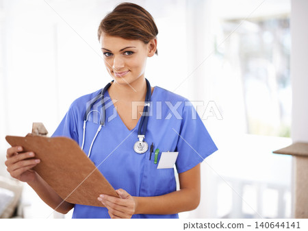 Happy woman, portrait and nurse with clipboard for prescription or medical checklist at hospital. Female person, practitioner or scrub with smile, documents or paperwork for life insurance at clinic Happy woman, portrait and nurse with clipboard for prescription or medical checklist at hospital. Female person, practitioner or scrub with smile, documents or paperwork for life insurance at clinic 140644141