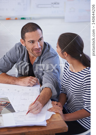 Man, woman and architecture planning with floor plan drawing for project collaboration, illustration or renovation. Colleagues, pencil and building property for sketch engineer, design or partnership 140644206