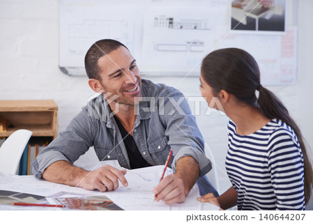 Man, woman and architecture teamwork with blueprint drawing for project collaboration, illustration or renovation. Colleagues, pencil and building property for sketch engineer, design or planning Man, woman and architecture teamwork with blueprint drawing for project collaboration, illustration or renovation. Colleagues, pencil and building property for sketch engineer, design or planning 140644207