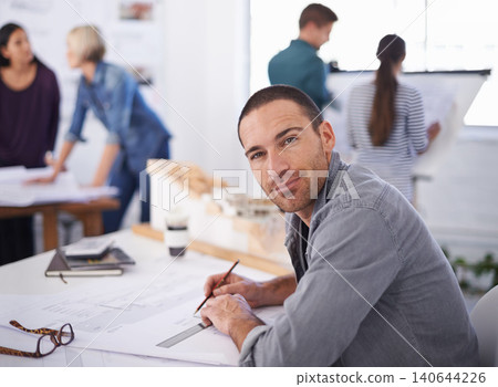 Portrait, architecture and blueprint with designer man in office for construction, planning or project management. Building, design and drafting with mature architect in workplace for development Portrait, architecture and blueprint with designer man in office for construction, planning or project management. Building, design and drafting with mature architect in workplace for development 140644226