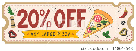 Pizza Discount Coupon with Cheese Slice and Ingredient Icons, Playful Doodle Style 140644548