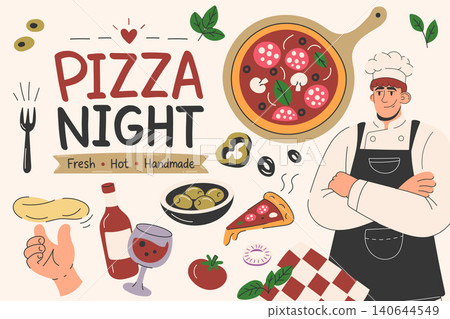 Pizza Night Flyer with Chef Character, Wine and Traditional Food Elements Pizza Night Flyer with Chef Character, Wine and Traditional Food Elements 140644549