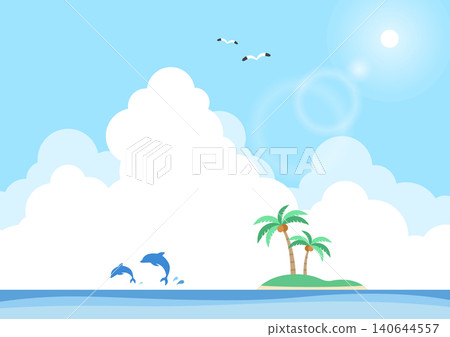 A pop art background illustration featuring a summer blue sky, towering cumulonimbus clouds, dolphins swimming in the sea, and a deserted island with palm trees. 140644557
