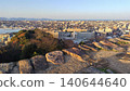 A panoramic view of Yonago city and the Sea of Japan at dusk, seen from the stone foundation of the castle tower at the site of Yonago Castle. 140644640