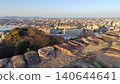 A panoramic view of Yonago city and the Sea of Japan at dusk, seen from the stone foundation of the castle tower at the site of Yonago Castle. 140644641
