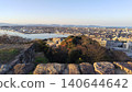 A breathtaking panoramic view of Lake Nakaumi and the city of Yonago at sunset, seen from the stone foundation of the castle tower at the site of Yonago Castle. 140644642