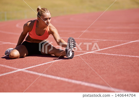 Exercise, legs and woman stretching in stadium for race, marathon or competition training for health. Sports, runner and female athlete with warm up for fitness running cardio workout on track. Exercise, legs and woman stretching in stadium for race, marathon or competition training for health. Sports, runner and female athlete with warm up for fitness running cardio workout on track. 140644704