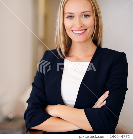 Corporate woman and smile with confidence at home for startup business and company as hr. Portrait, female person and happy or satisfied on career with growth, progress and job as entrepreneur 140644775