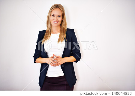 Entrepreneur, woman and smile with confidence in studio on white background for startup business and company. Portrait, female person and happy or satisfied on career with growth and progress Entrepreneur, woman and smile with confidence in studio on white background for startup business and company. Portrait, female person and happy or satisfied on career with growth and progress 140644833