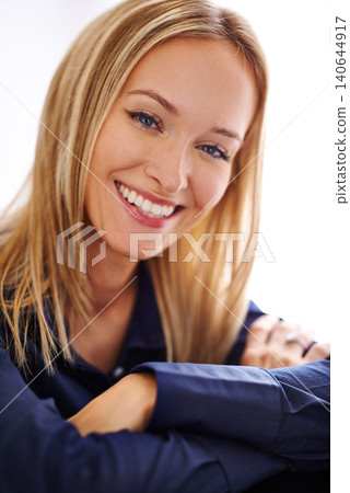 Portrait, woman or smile in beauty, skincare or cosmetology for confidence, dermatology or health. Female beautician, happiness or glow of healthy, smooth or flawless skin as hydrated, firm or clean 140644917