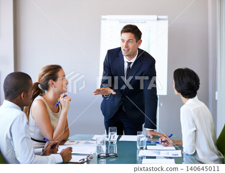 Meeting, presentation and businessman in office with discussion, stats or speaker at b2b workshop. Teamwork, management and business people in conference room brainstorming ideas, planning and review 140645011