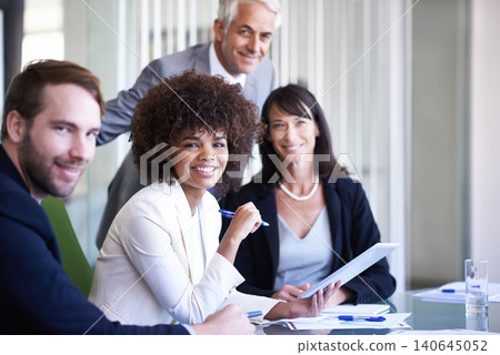 Team, tablet and portrait of happy business people in meeting for brainstorming strategy in office. Collaboration, technology and face of diverse group planning project, CEO or consultants together Team, tablet and portrait of happy business people in meeting for brainstorming strategy in office. Collaboration, technology and face of diverse group planning project, CEO or consultants together 140645052