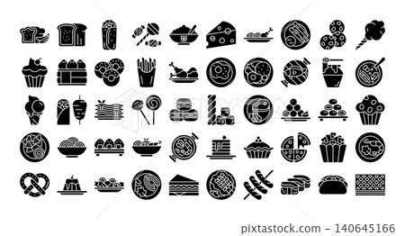Food icon set featuring various meals, snacks, desserts, and international cuisine in solid style. Suitable for menus, restaurant branding, mobile apps, websites, packaging, and food projects Food icon set featuring various meals, snacks, desserts, and international cuisine in solid style. Suitable for menus, restaurant branding, mobile apps, websites, packaging, and food projects 140645166