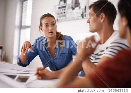 Group, discussion and architects planning with woman in meeting for construction project, talking or building together in startup. Collaboration, creative design or team of people brainstorming ideas 140645313