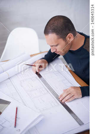 Man, architect and floor plan or building draft as blueprint design with ruler for property sketch, drawing or engineering. Male person, pencil and project or renovation paper, illustration or scale 140645314