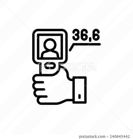Thermal camera in hand thin line icon. Scanning of temperature, detection of fever. Vector illustration. Thermal camera in hand thin line icon. Scanning of temperature, detection of fever. Vector illustration. 140645442