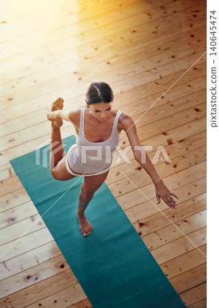 Exercise, mat and woman with yoga for stretching, peace or flexibility in gym studio from above. Health, wellness and zen female person with workout pose for mindfulness, balance or muscle relief Exercise, mat and woman with yoga for stretching, peace or flexibility in gym studio from above. Health, wellness and zen female person with workout pose for mindfulness, balance or muscle relief 140645474