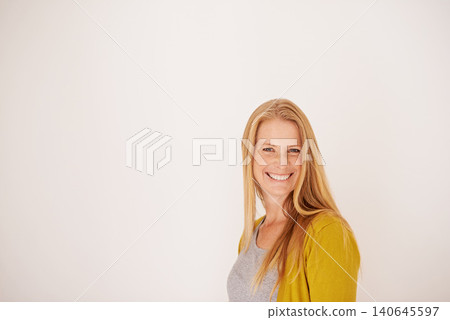 Woman, portrait and confident in studio, smile and small business owner or entrepreneur on white background. Happy female person, casual and cool clothes or style, proud and satisfaction for fashion 140645597