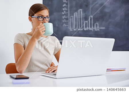Teacher, woman and laptop with coffee in classroom with drink for planning, thinking or idea at academy. Person, computer and vision by blackboard, tea and research for education, learning or school Teacher, woman and laptop with coffee in classroom with drink for planning, thinking or idea at academy. Person, computer and vision by blackboard, tea and research for education, learning or school 140645663