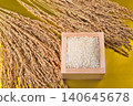 A masu (wooden measuring cup) with a golden background, overflowing with rice and rice stalks. 140645678