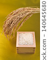 A masu (wooden measuring cup) with a golden background, overflowing with rice and rice stalks. 140645680