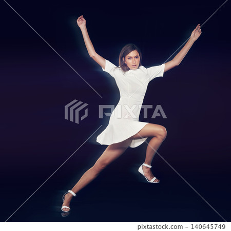 Portrait, woman and dancing in black background with balance, movement and beauty for performance. Professional dancer, training and practice for concert in studio creative, confident and elegant 140645749