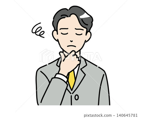 一幅插圖，描繪了一位身穿西裝的年輕男子，他閉著眼睛，神情憂慮不安。 140645781