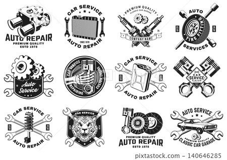 Vintage Car Repair Vector Badge Set. Retro Automotive Service, Performance Parts and Garage Emblem Collection Vintage Car Repair Vector Badge Set. Retro Automotive Service, Performance Parts and Garage Emblem Collection 140646285